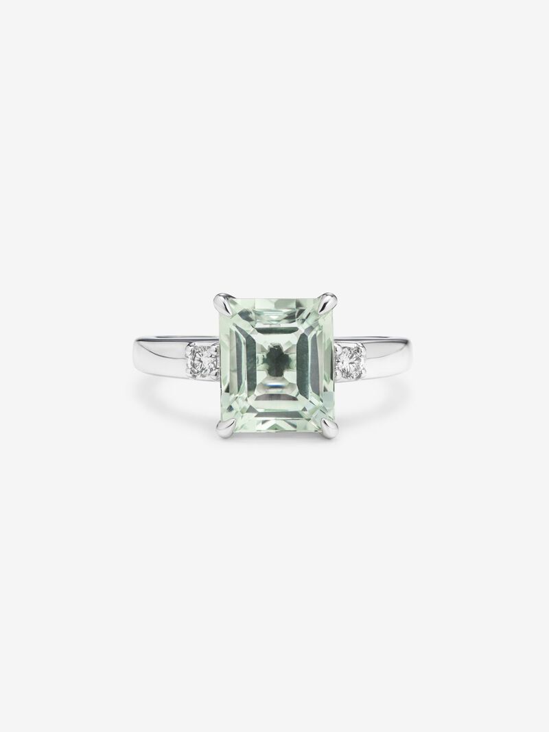 925 silver ring with green amethyst in emerald cut of 3.12 cts and 2 brilliant cut diamonds with a total of 0.09 cts image number 2