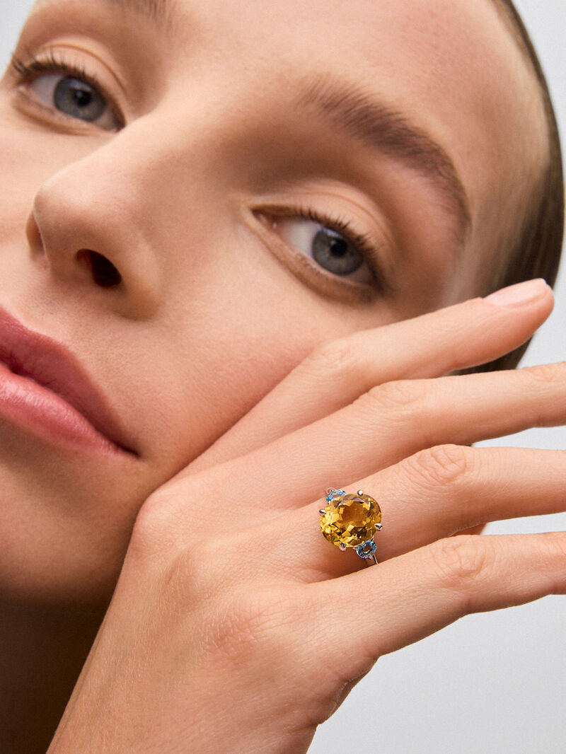 925 silver triple ring with oval-cut citrine quartz and 2 brilliant-cut Swiss blue topazes image number 4