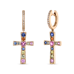 Pendientes cruz de oro rosa de 18kt con zafiros multicolor y diamantes, PE19105-ORZMULT_V