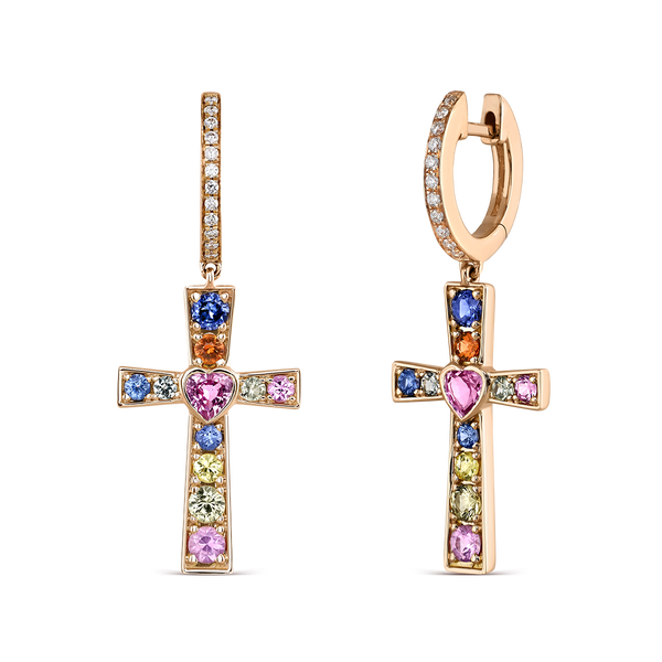 Pendientes cruz de oro rosa de 18kt con zafiros multicolor y diamantes, PE19105-ORZMULT