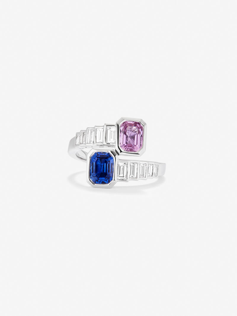 You and 18k white gold ring with pink sapphire in octagonal size of 1.02 cts, Royal blue sapphire in octagonal size 1.19 cts and white diamonds in 0.57 cts baggette size image number 1