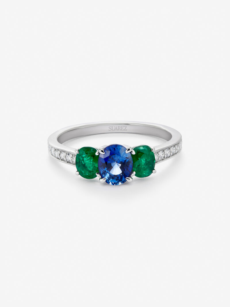 18K White Gold Tiego Ring with 0.97 CTS oval size, green emeralds in 0.63 cts and white diamonds in a bright size of 0.14 cts image number 1