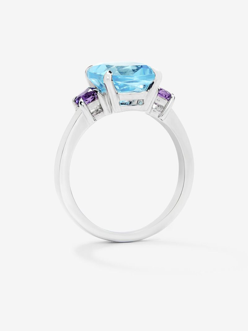 925 silver triple ring with cushion-cut sky blue topaz and brilliant-cut purple amethysts image number 3