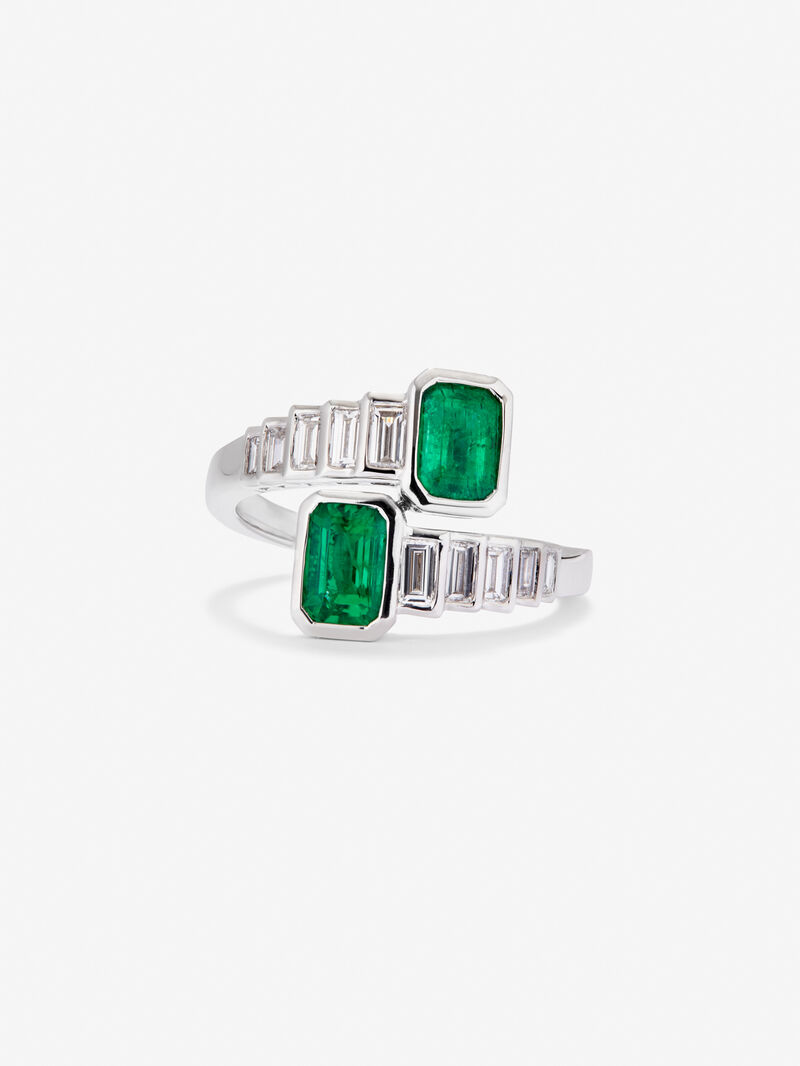You and I 18k White Gold Ring with green emeralds in octagonal size 1.64 cts and white baggos diamonds of 0.57 cts image number 0