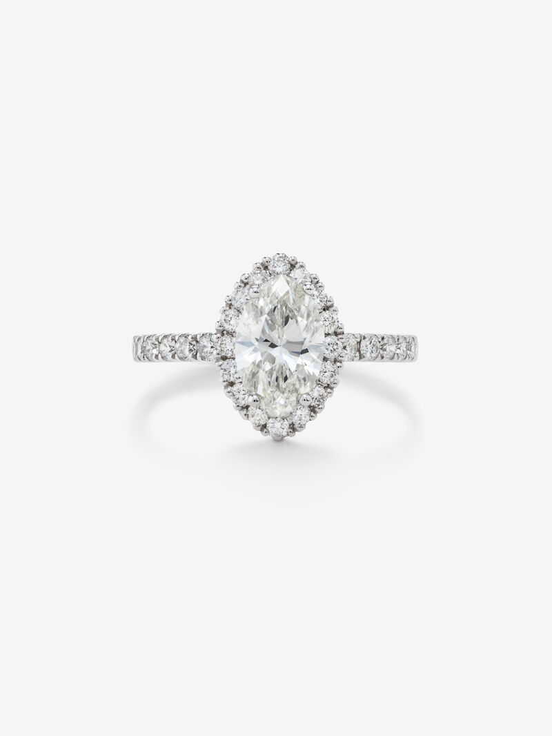 18K white gold solitaire ring with marquise-cut diamond and diamond halo image number 2