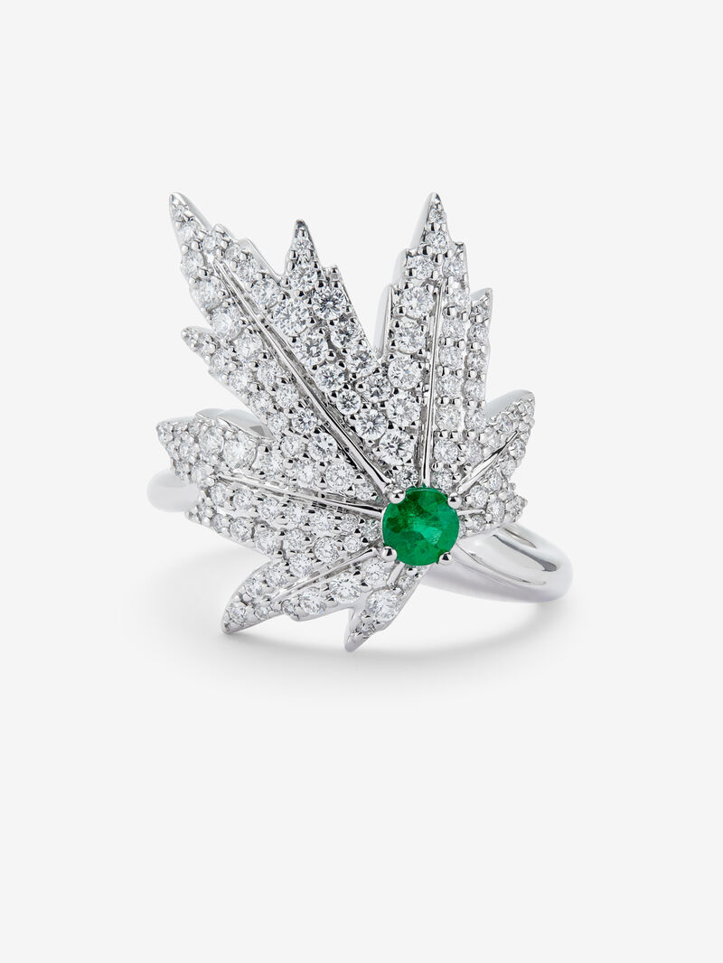 18K white gold ring with a 0.16 ct central emerald, diamond pavé, and a maple leaf design image number 2