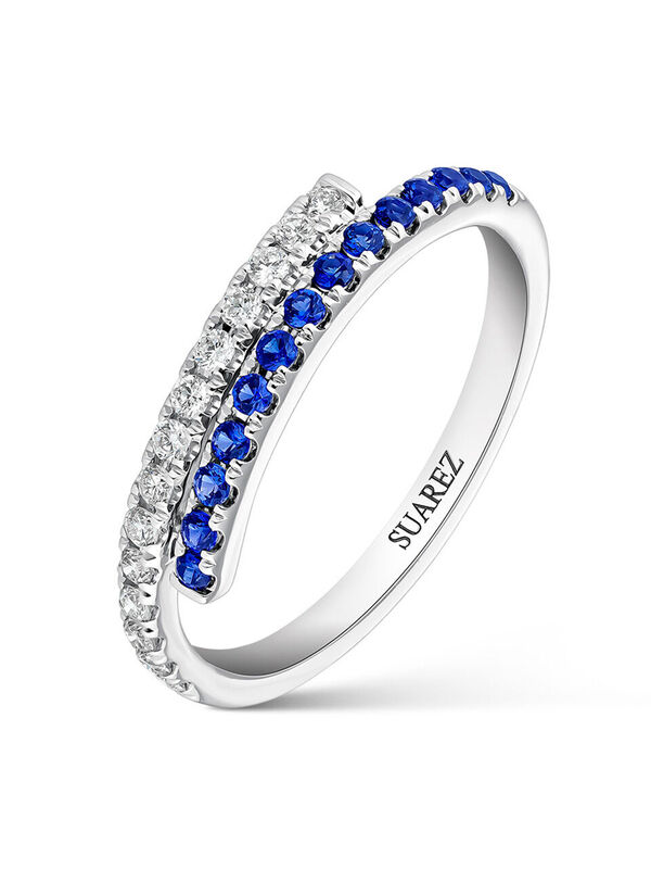 18kt white gold crossover ring with diamonds and blue sapphires, SO19211-OBDZ_V