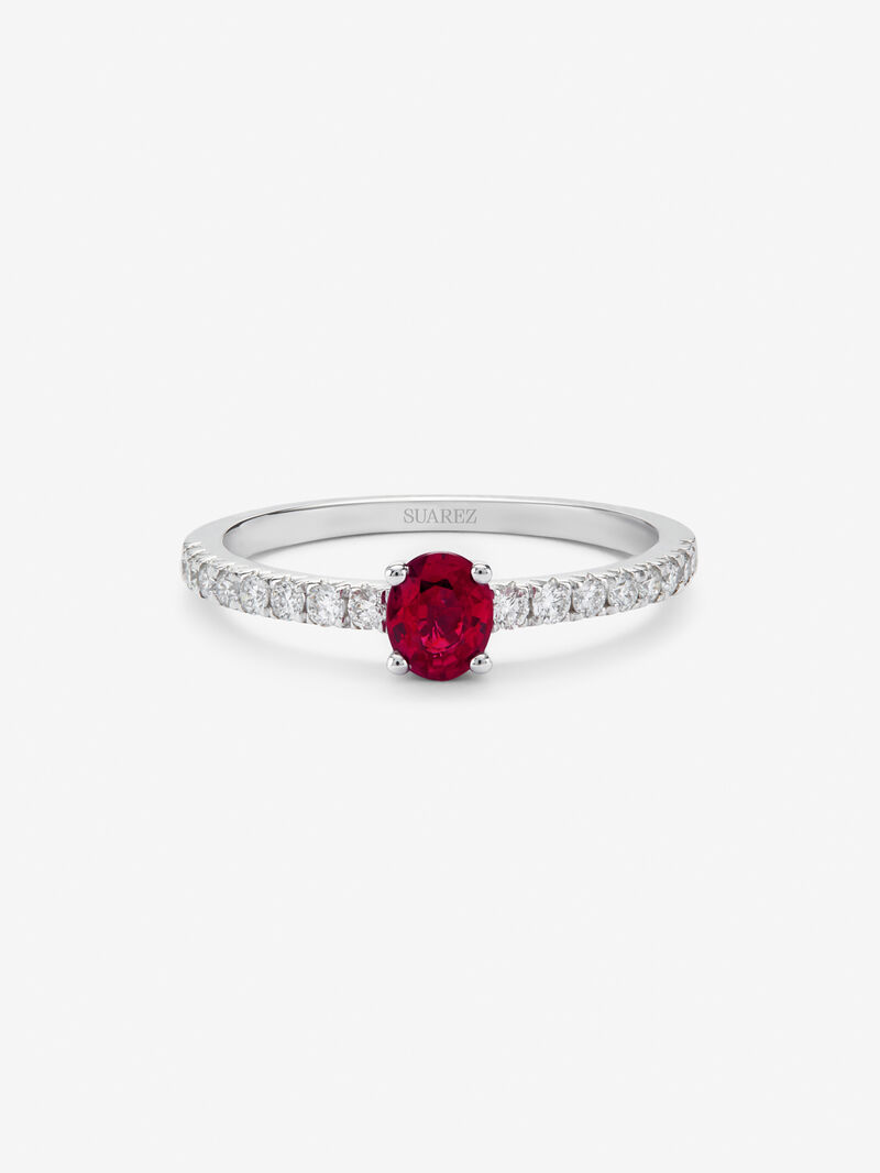 18K White Gold Ring with Red Ruby in 0.55 cts oval size and white 0.1 cts bright diamonds image number 2