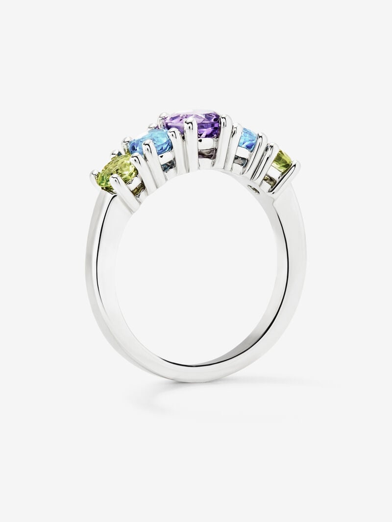 925 silver cinquillo ring with 2 peridots, a purple amethyst, and brilliant-cut Swiss blue topazes image number 4