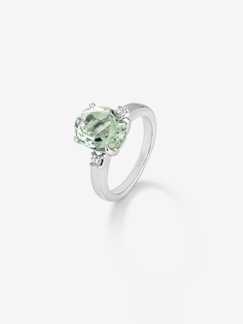 925 Silver trio ring with green amethyst and diamonds image number 0