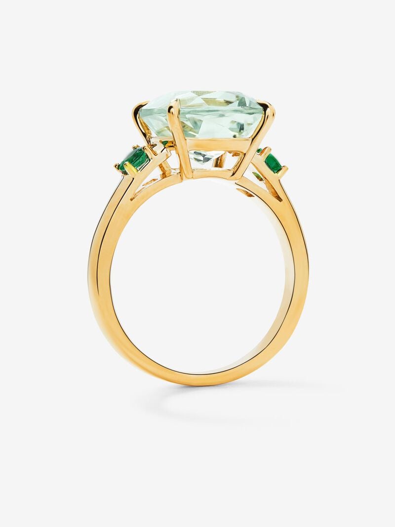 18K yellow gold triple ring with 3.95 ct cushion-cut green amethyst and 0.25 ct brilliant-cut green emeralds image number 4