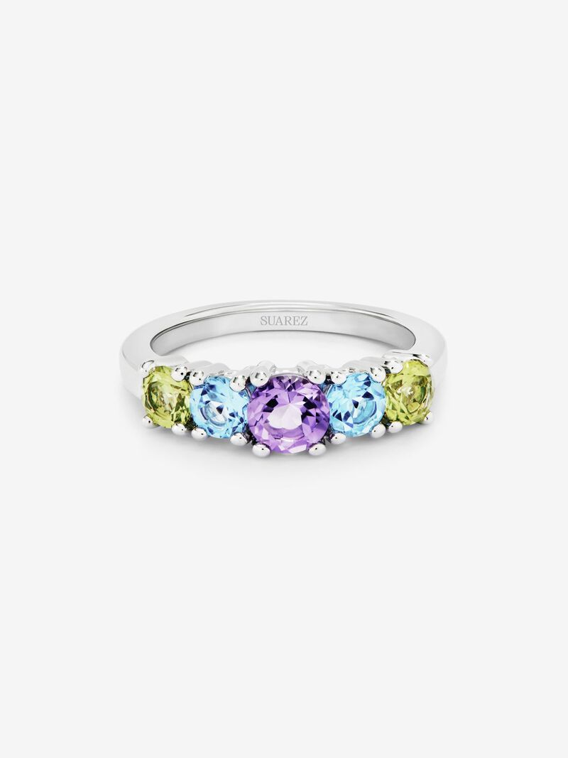 925 silver cinquillo ring with 2 peridots, a purple amethyst, and brilliant-cut Swiss blue topazes image number 1