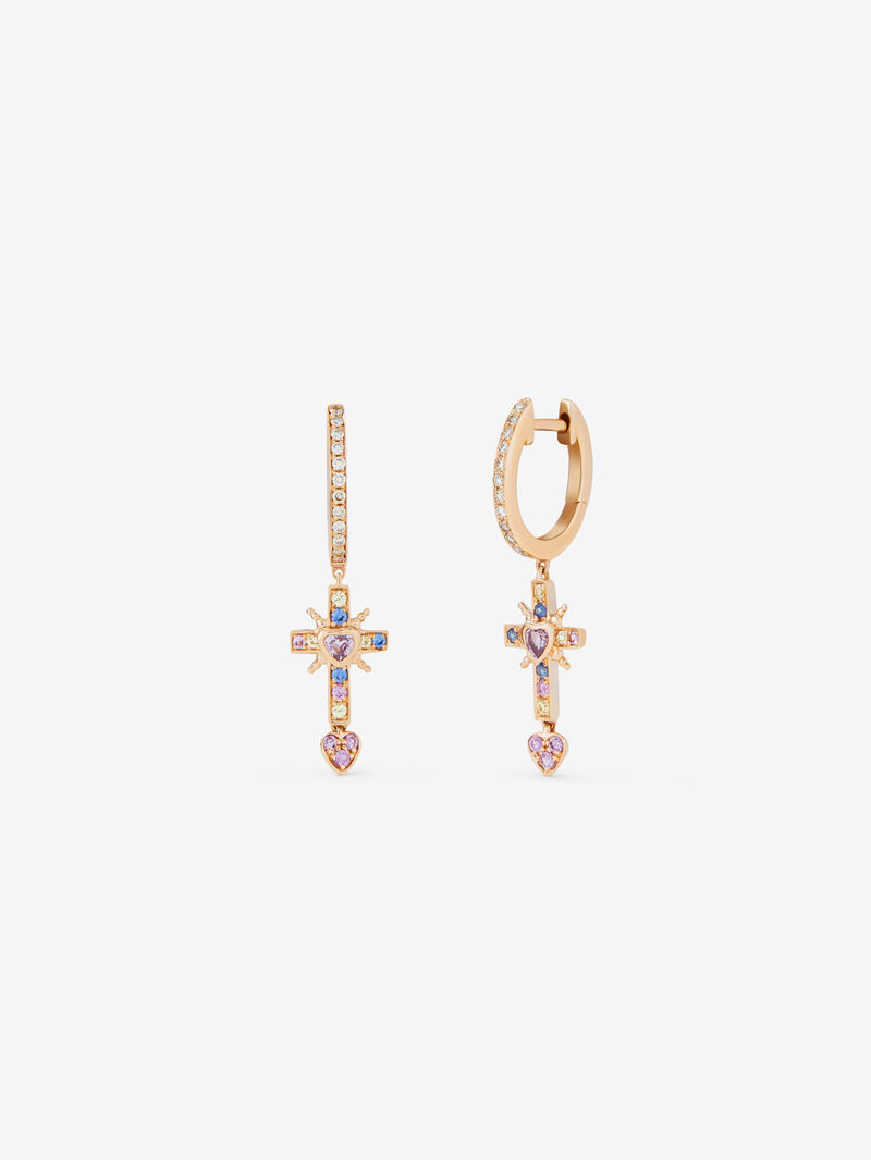 18K Rose Gold Hoop Earrings with Sapphire and Diamond Pendant image number 0
