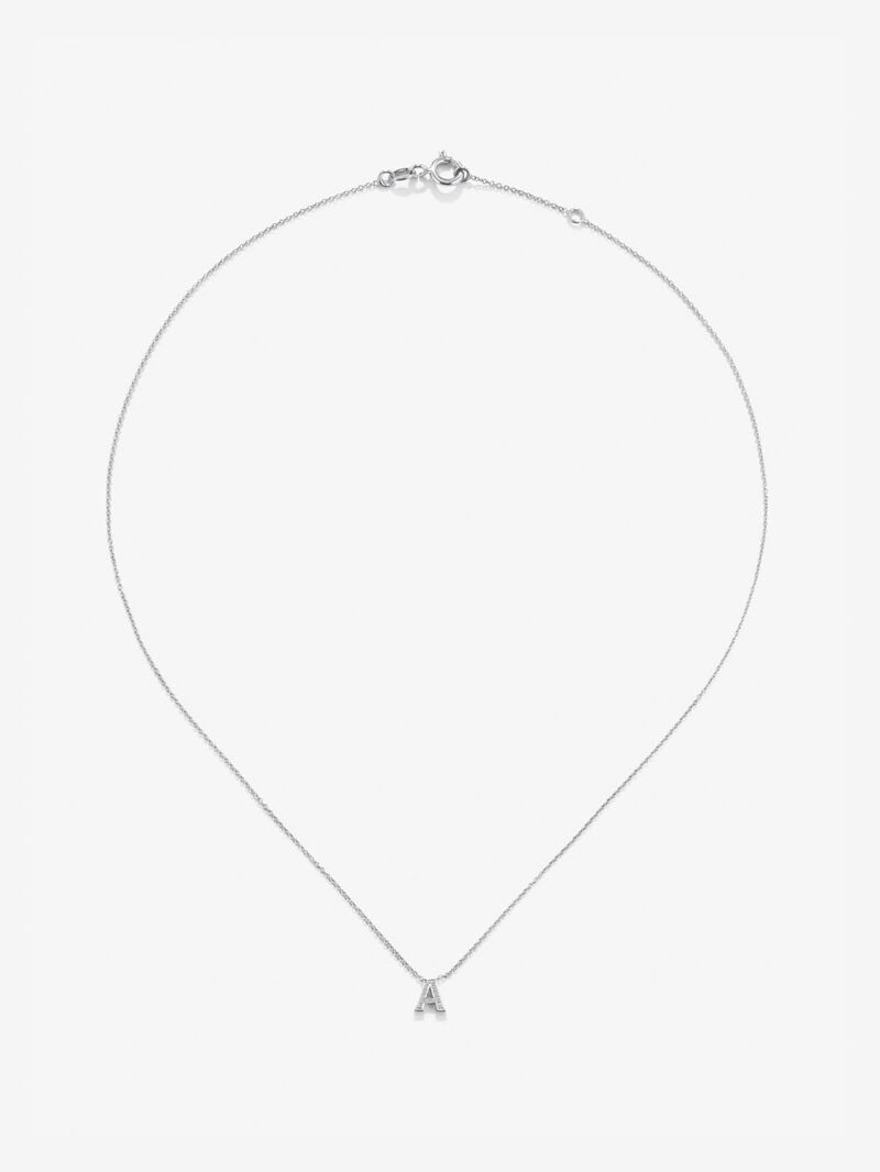 Pendant necklace with small initial in 18K white gold and diamonds. image number 0