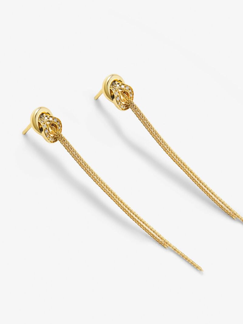 Long yellow 18k gold earrings with white diamonds of 0.5 cts and knot shape image number 2