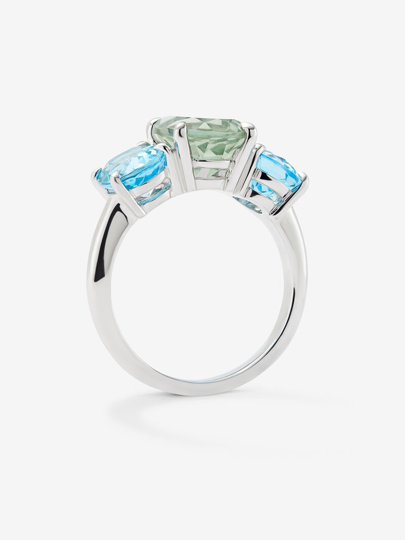 925 silver triple ring with oval-cut green amethyst of 2.6 cts and 2 Swiss blue topazes with a total of 3.46 cts image number 2