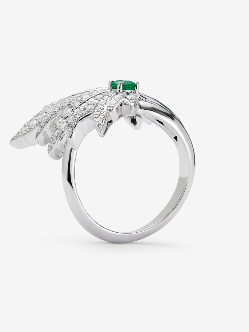 18K white gold ring with a 0.16 ct central emerald, diamond pavé, and a maple leaf design image number 4