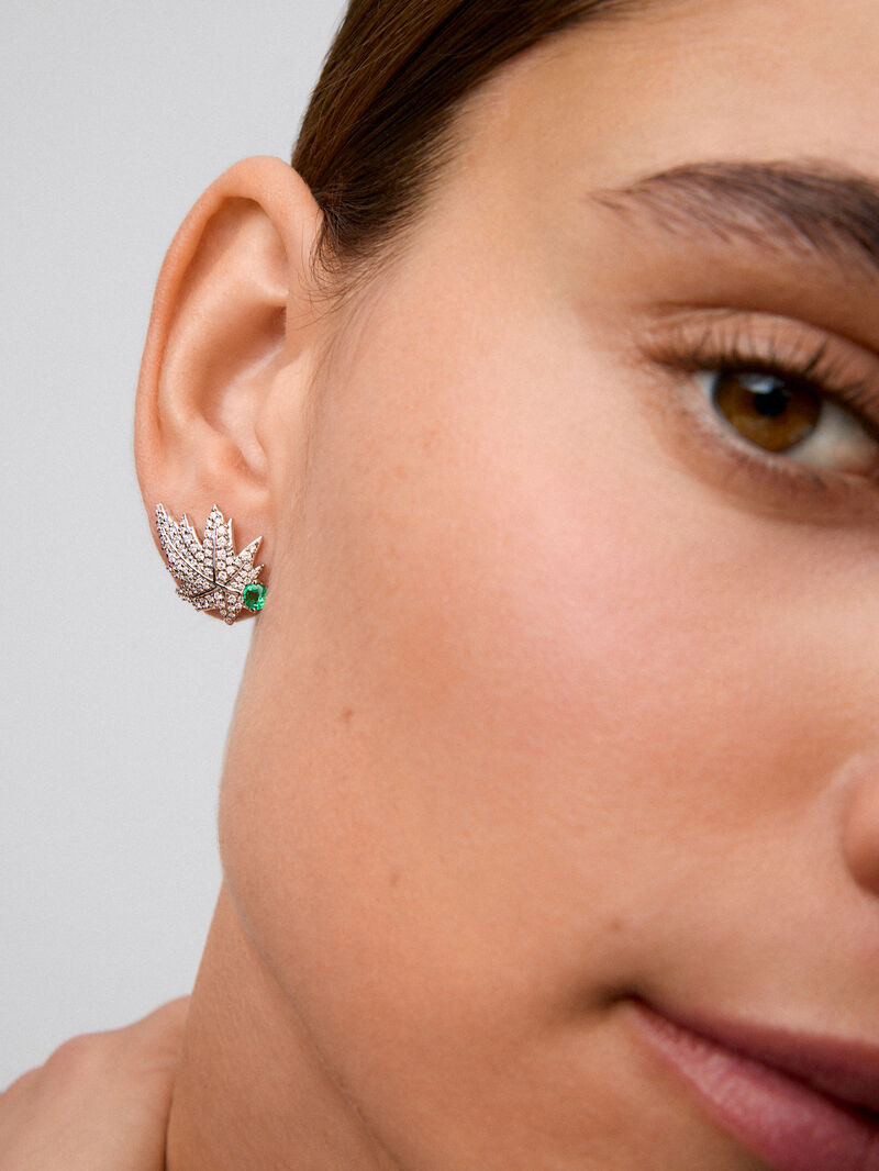 18K white gold earrings with two central emeralds totaling 0.28 cts, diamond pavé, and a maple leaf design image number 3