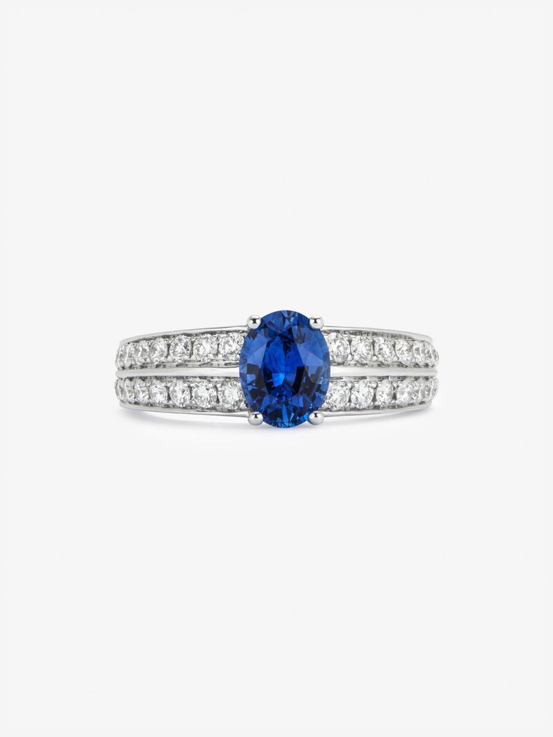 18K white gold ring with vivid blue sapphire in oval cut of 1,292 cts and 32 brilliant cut diamonds with a total of 0.6 cts image number 1