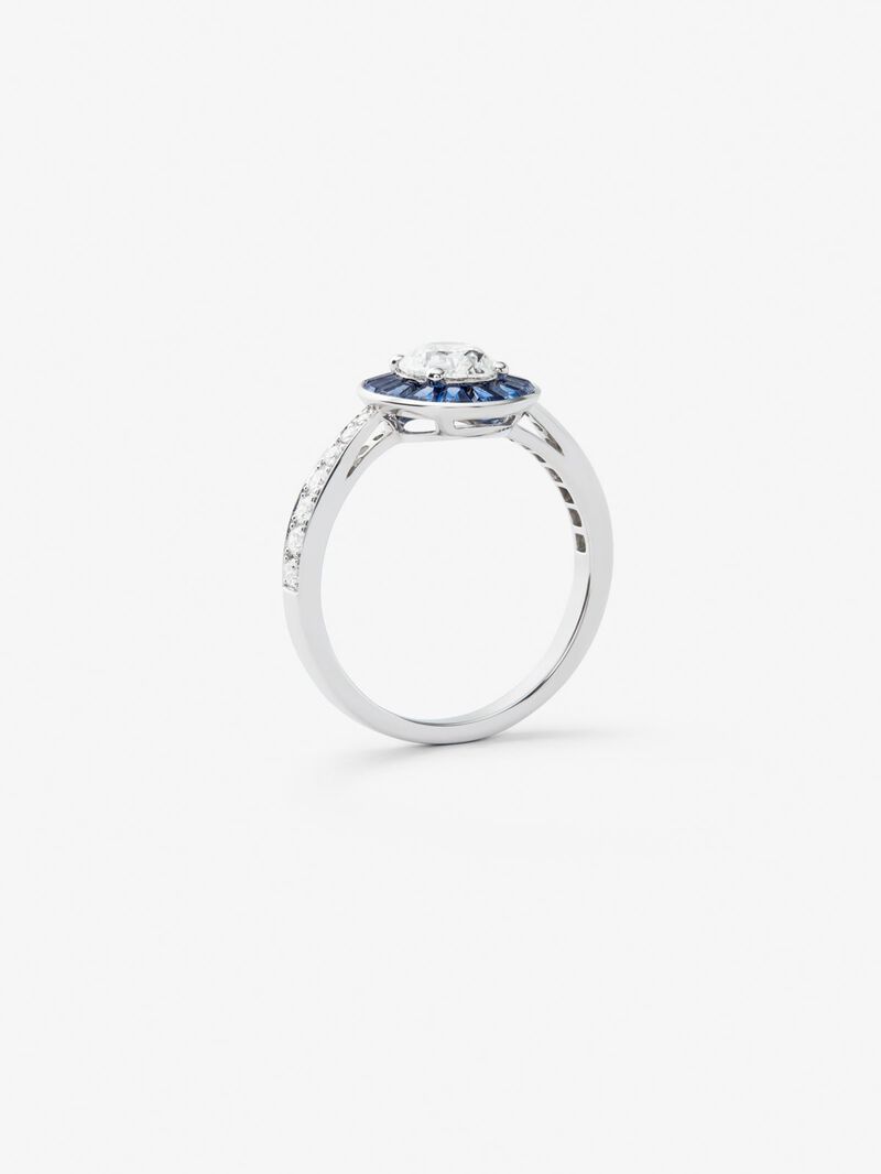 18K White Gold Ring with white diamonds in bright size of 0.88 cts and blue sapphires in 0.67 CTS trapeze size image number 4
