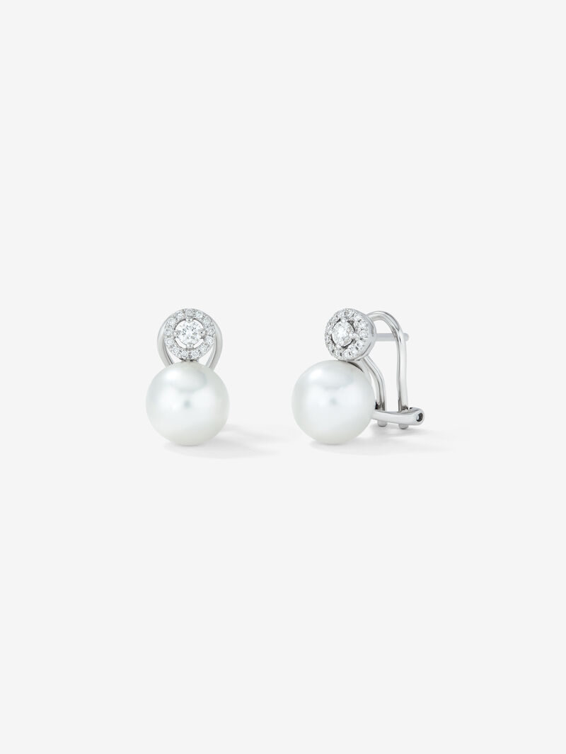 18k white gold earring with 9 mm Australian pearl pendant and diamond with omega closure. image number 0