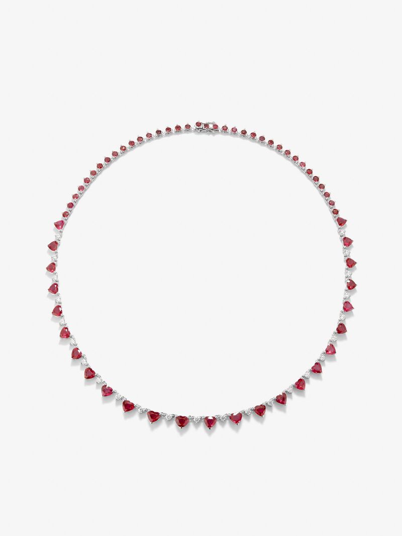 18K white gold necklace with 25 heart-cut red rubies with a total of 11.59 cts, 36 brilliant-cut diamonds with a total of 5.44 cts and 24 brilliant-cut diamonds with a total of 1.3 cts image number 0