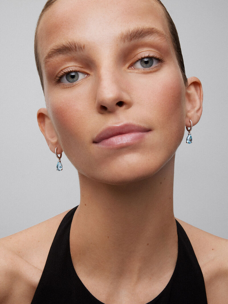 18K White Gold Hoop Earrings with Topaz and Diamond Pendant image number 3