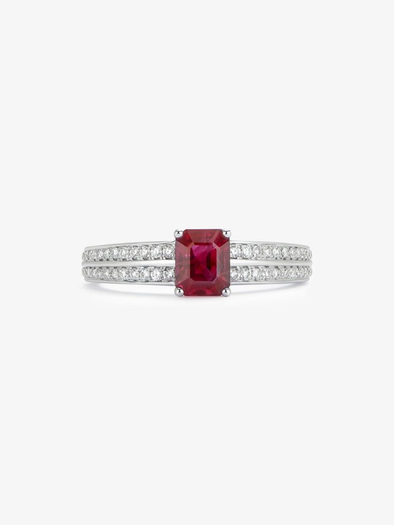 18K white gold ring with octagonal cut ruby ​​of 1.006 cts and 52 brilliant cut diamonds with a total of 0.19 cts image number 1