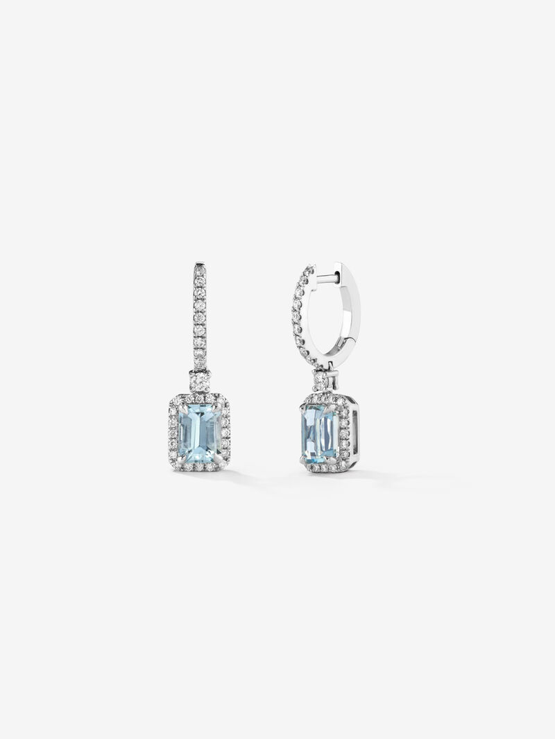 Hoop earrings with 18K white gold pendant with aquamarine and diamond. image number 0