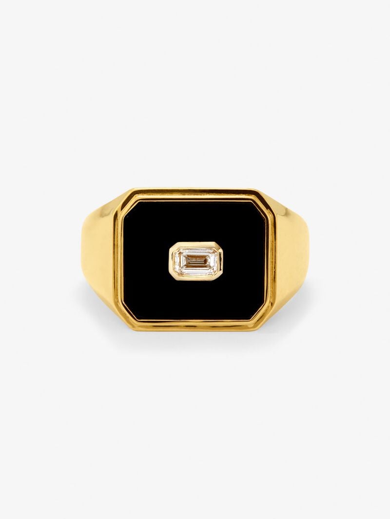 18K Yellow Gold Large Signet Ring with Black Onyx and 0.17 cts Diamond image number 2