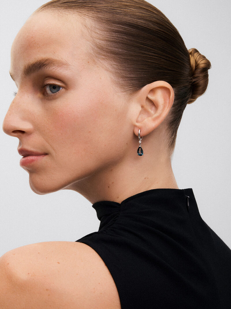 925 Silver hoop earrings with topaz and hanging diamond. image number 3