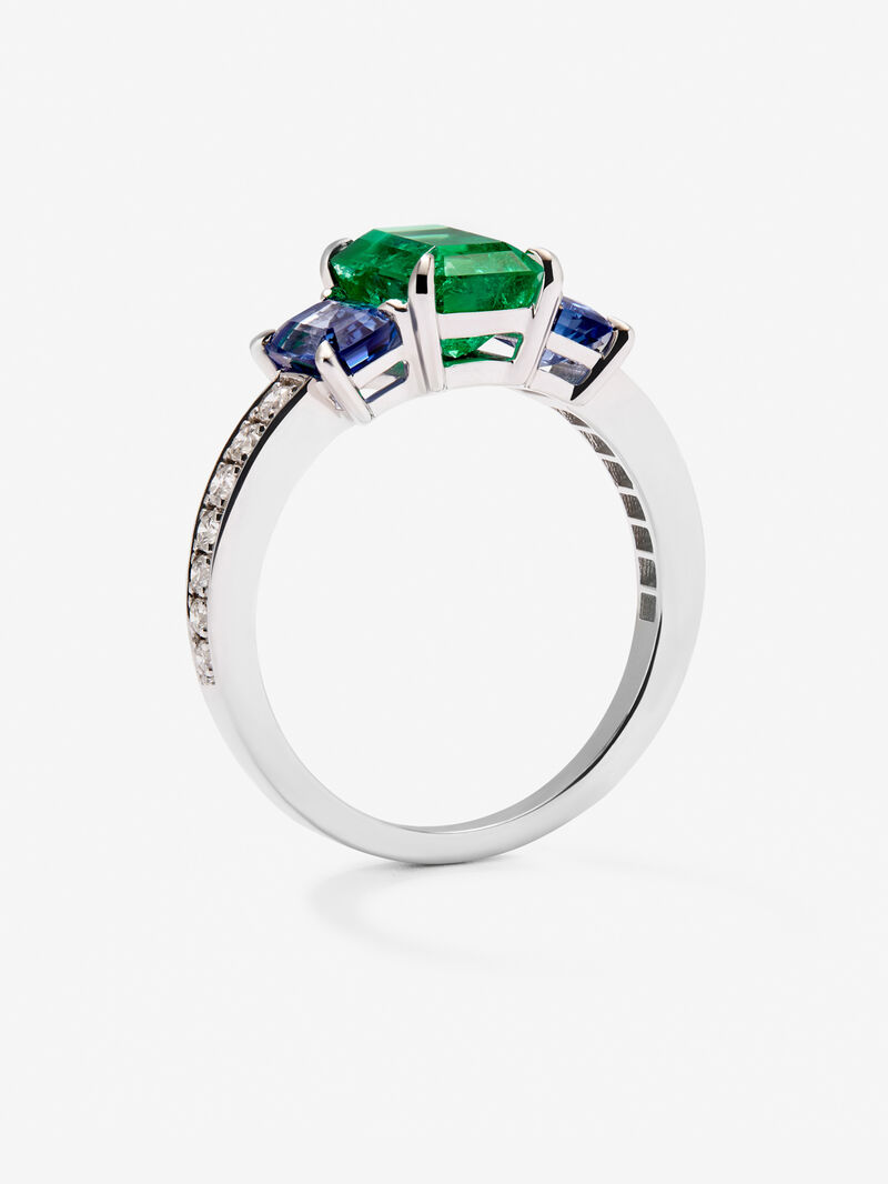 18K White Gold Tieillo Ring with Green Esmerald in Octagonal Size 1.58 CTS, Blue Sapphires in Octagonal Size 1.28 CTS and White Diamonds in Bright Size of 0.2 Cts image number 4