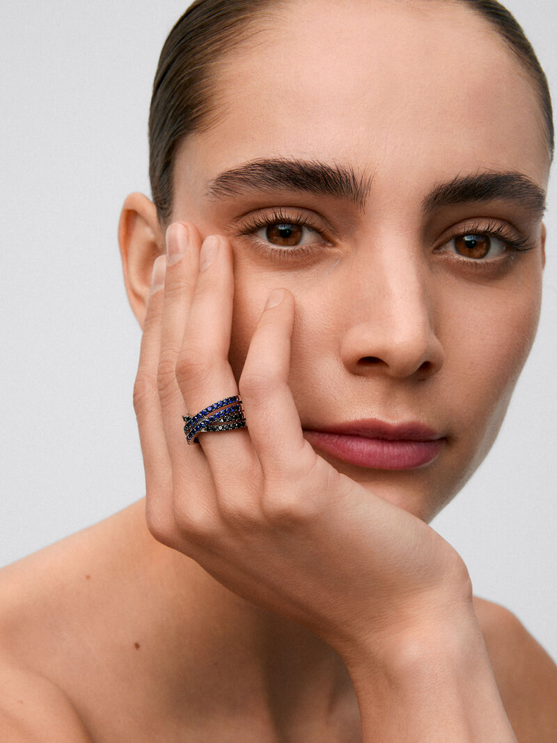925 silver double arm cross ring with 36 brilliant-cut blue sapphires with a total of 1.26 cts and 22 black spinels with a total of 0.63 cts image number 1