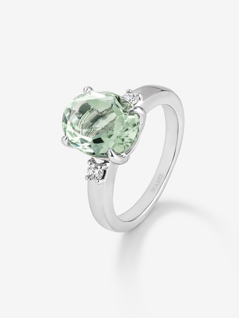 928 Silver trio ring with green amethyst and diamonds image number 0