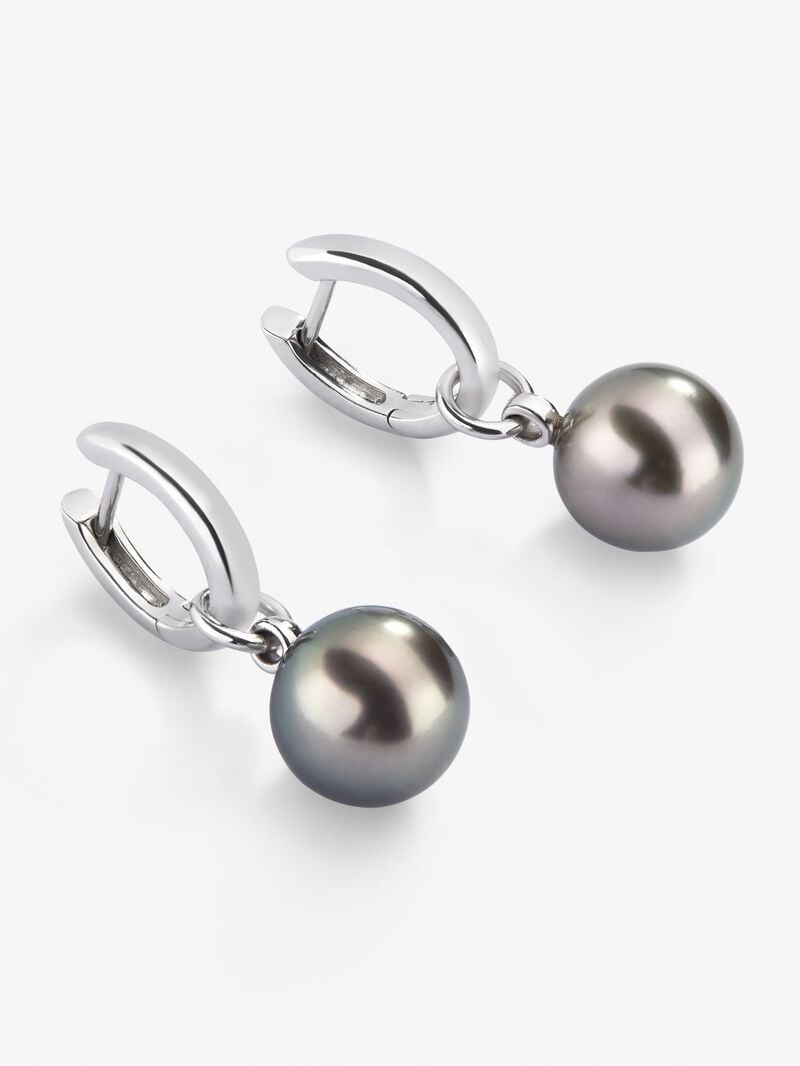 925 Silver hoop earring with 9 mm Tahitian pearl pendant. image number 2