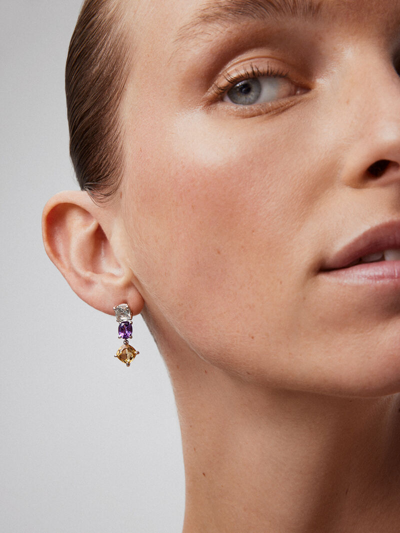 925 long silver earrings with green, purple and citrine ameter image number 1
