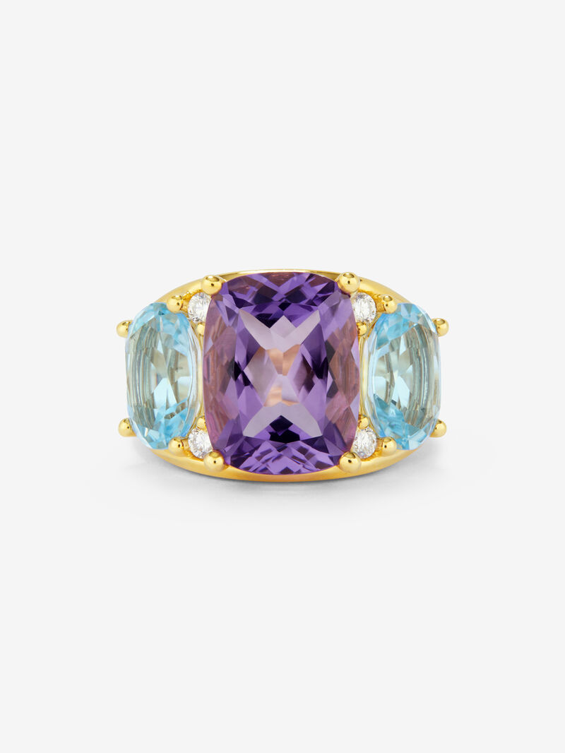 18K yellow gold ring with purple ameter in 5.5 cts Cushion size, Sky blue sky tapacios in 4.65 cts and white diamonds in a brilliant size of 0.15 cts image number 2
