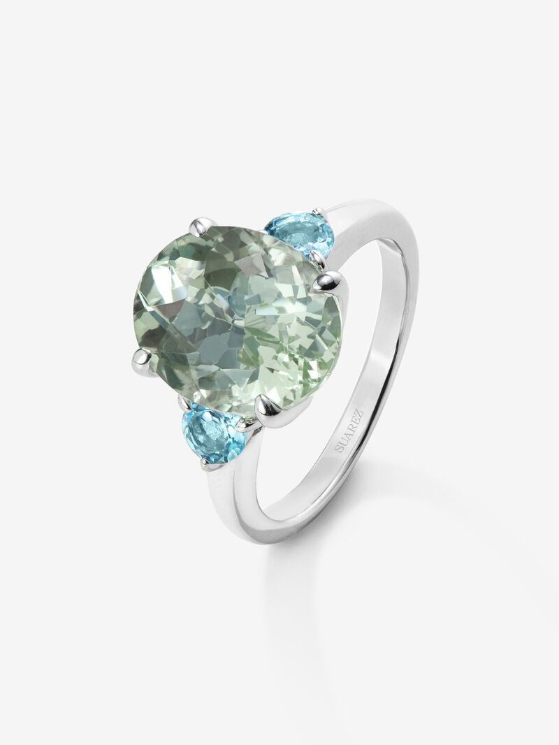 925 silver triple ring with oval-cut green amethyst and 2 brilliant-cut Swiss blue topazes image number 0