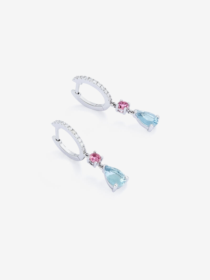 Hoop earrings with 18K white gold pendant featuring aquamarine and tourmaline. image number 2