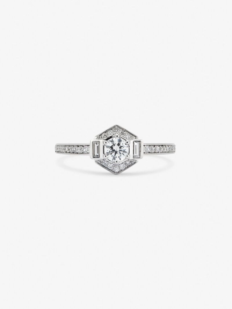 18K white gold ring with a 0.2 ct brilliant-cut central diamond; 2 in baguette cut with a total of 0.05 cts and 38 in brilliant cut with a total of 0.12 cts image number 2