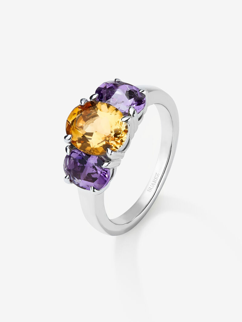 925 silver triple ring with oval-cut citrine quartz and 2 oval-cut purple amethysts image number 0