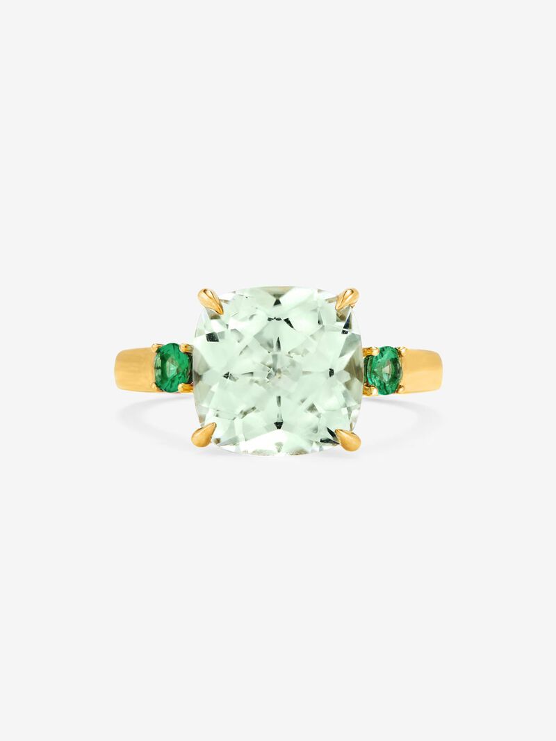 18K yellow gold triple ring with 3.95 ct cushion-cut green amethyst and 0.25 ct brilliant-cut green emeralds image number 2