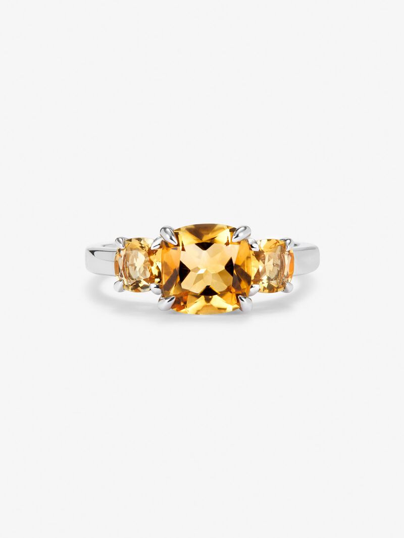 925 silver triplet ring with 3 cushion-cut yellow citrine quartz with a total of 2.15 cts image number 1