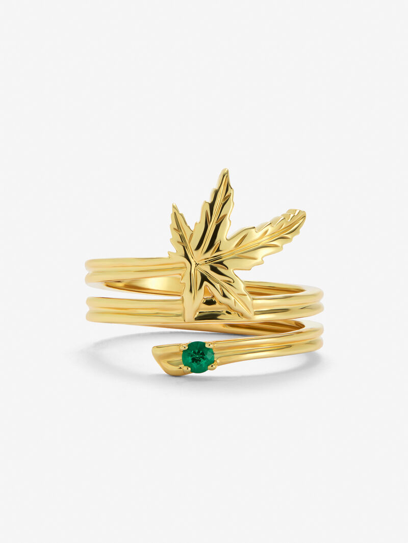 18K yellow gold ring with a 0.06 ct brilliant-cut emerald, in a maple leaf design image number 2