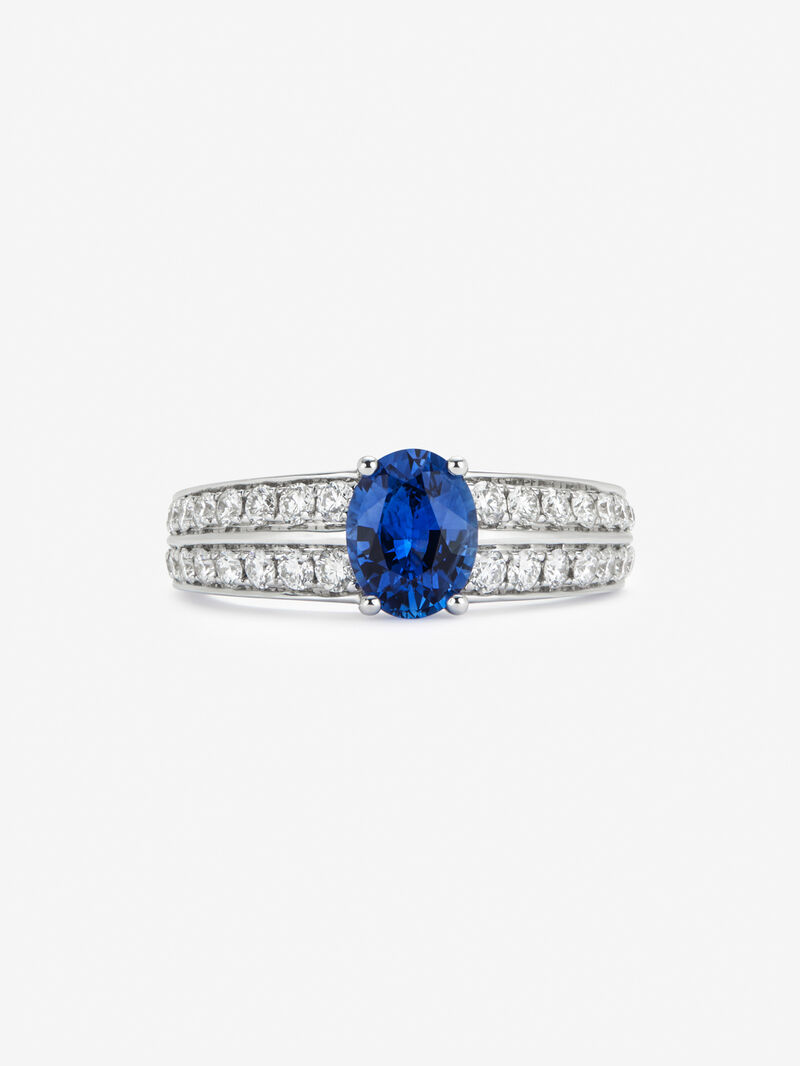 18K white gold ring with vivid blue sapphire in oval cut of 1,292 cts and 32 brilliant cut diamonds with a total of 0.6 cts image number 2