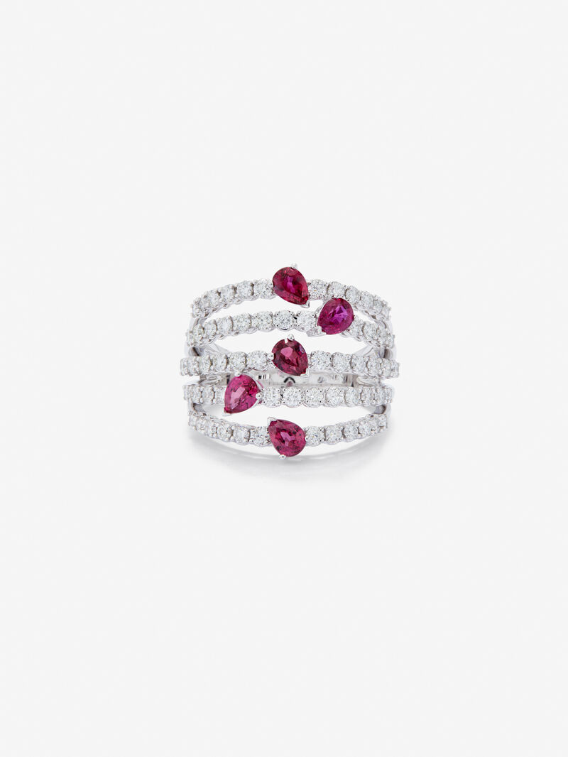 18K white gold ring with white diamonds in bright size of 1 cts and red rubies in 1.14 cts pear size image number 2