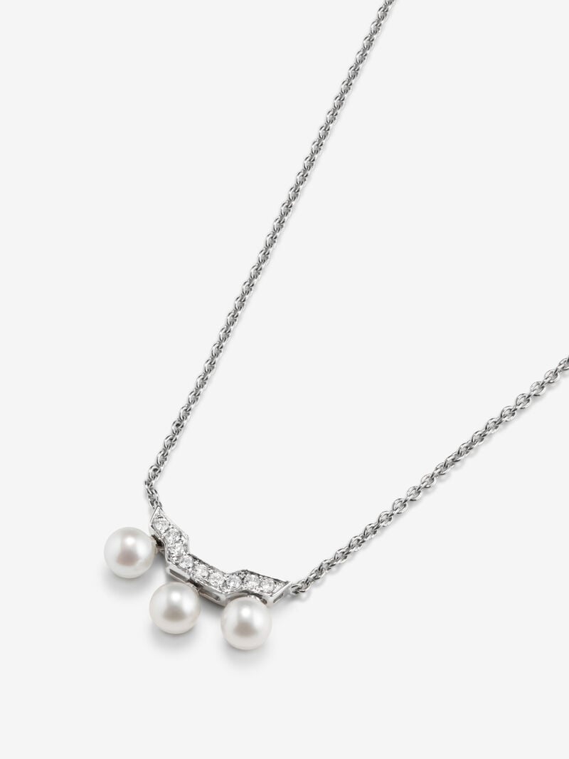 18k white gold pendant chain with three Akoya pearls and diamonds. image number 3