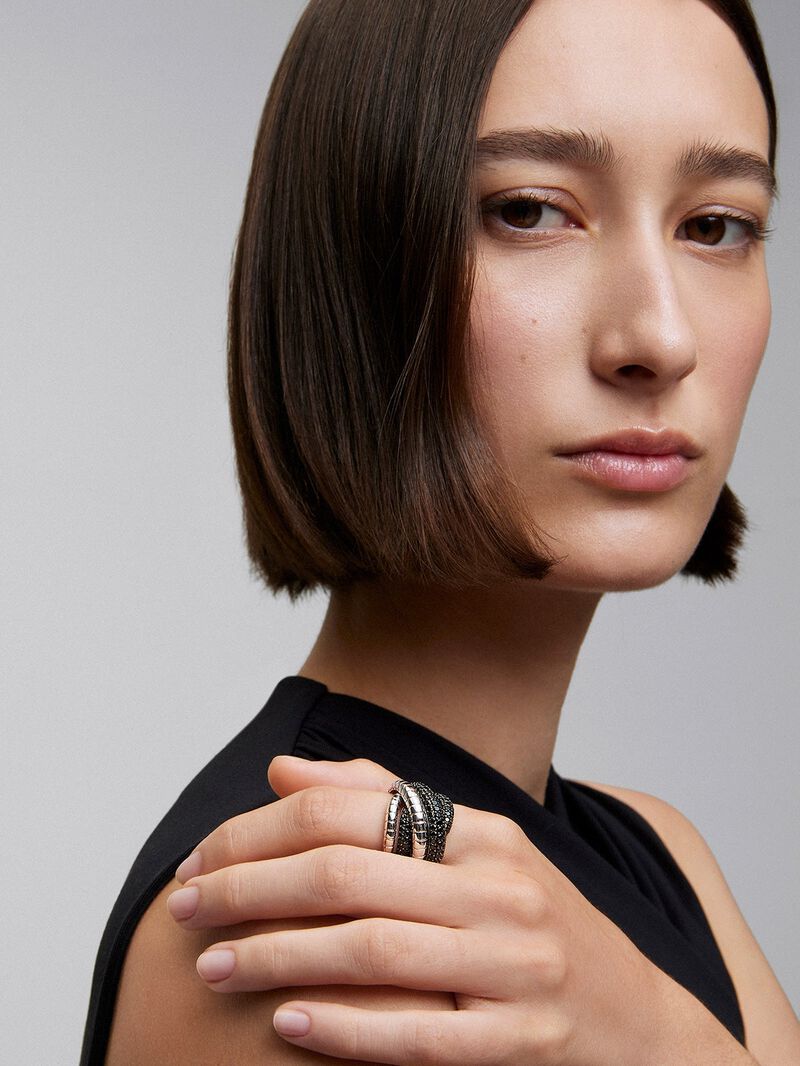 Wide multi-arm 925 silver ring with 213 brilliant-cut black spinels image number 1