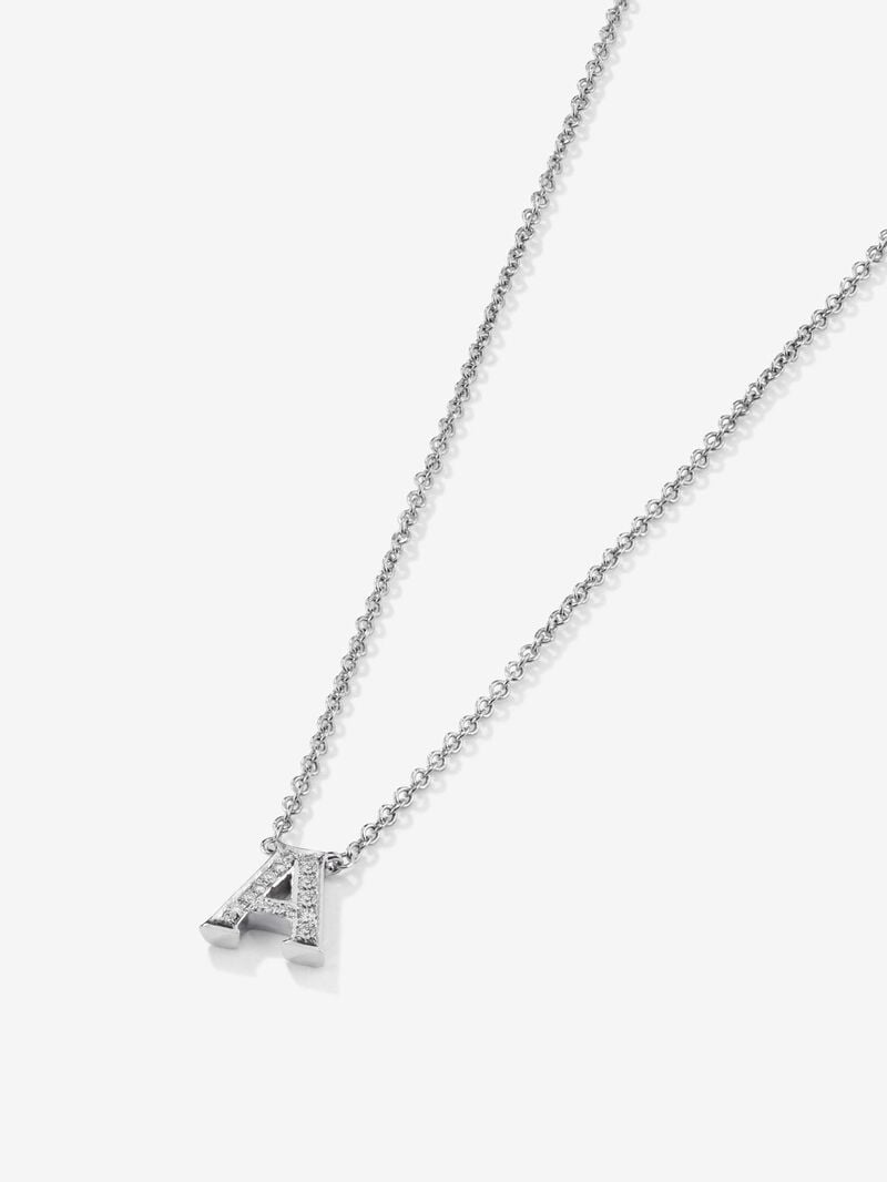 Pendant necklace with small initial in 18K white gold and diamonds. image number 4
