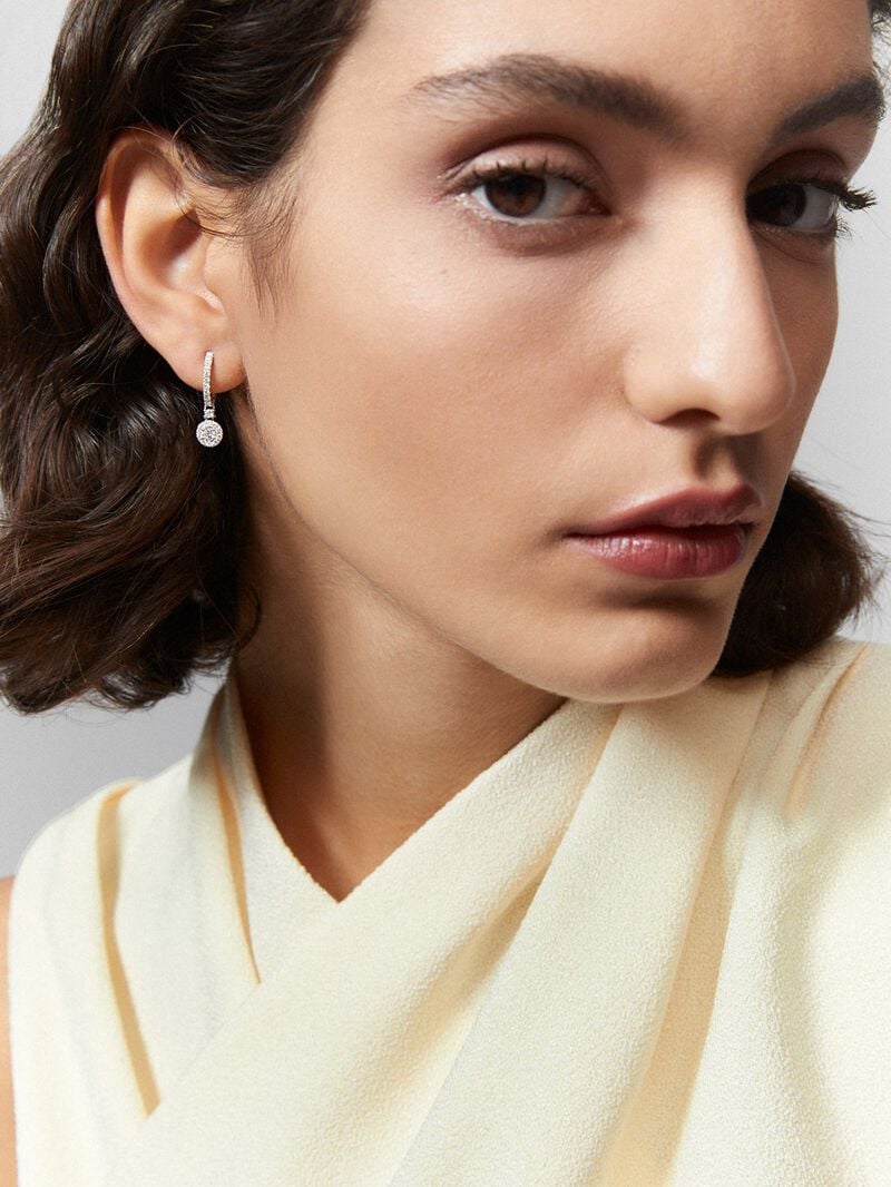 Hoop earrings with solitary pendant encircled by 18K white gold with diamonds image number 5